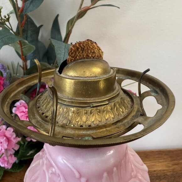 Vintage Pink Milk Glass Oil Lamp with Yellow Rose Relief and Ornate Brass Base V - Picture 4 of 6